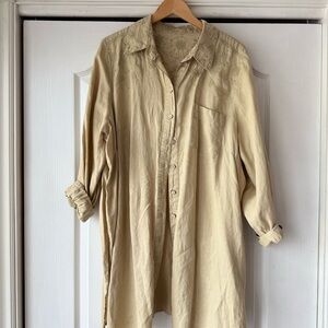 Beige Linen Button-Up Shirt with Embroidery